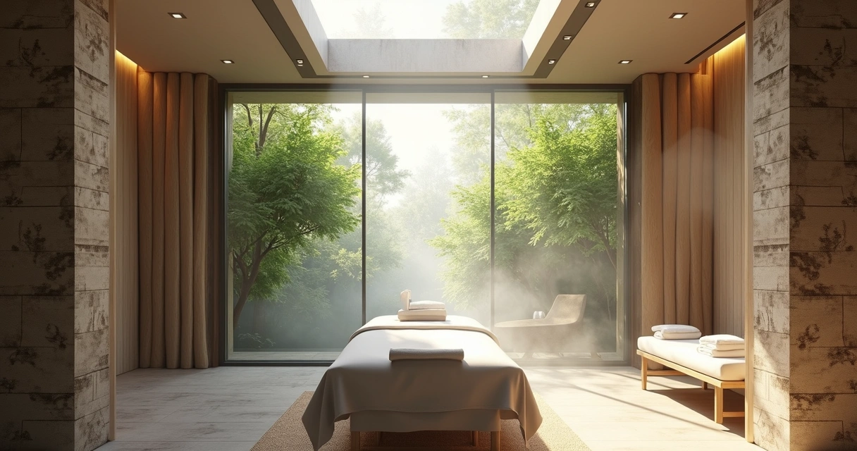 Sala de spa com maca de massagem e ambiente natural ao redor 