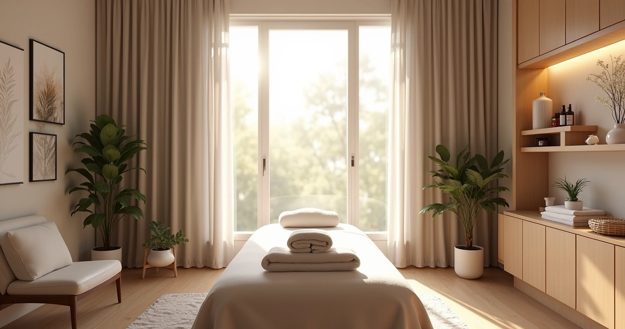 Sala organizada de massoterapia com equipamentos bem posicionados 