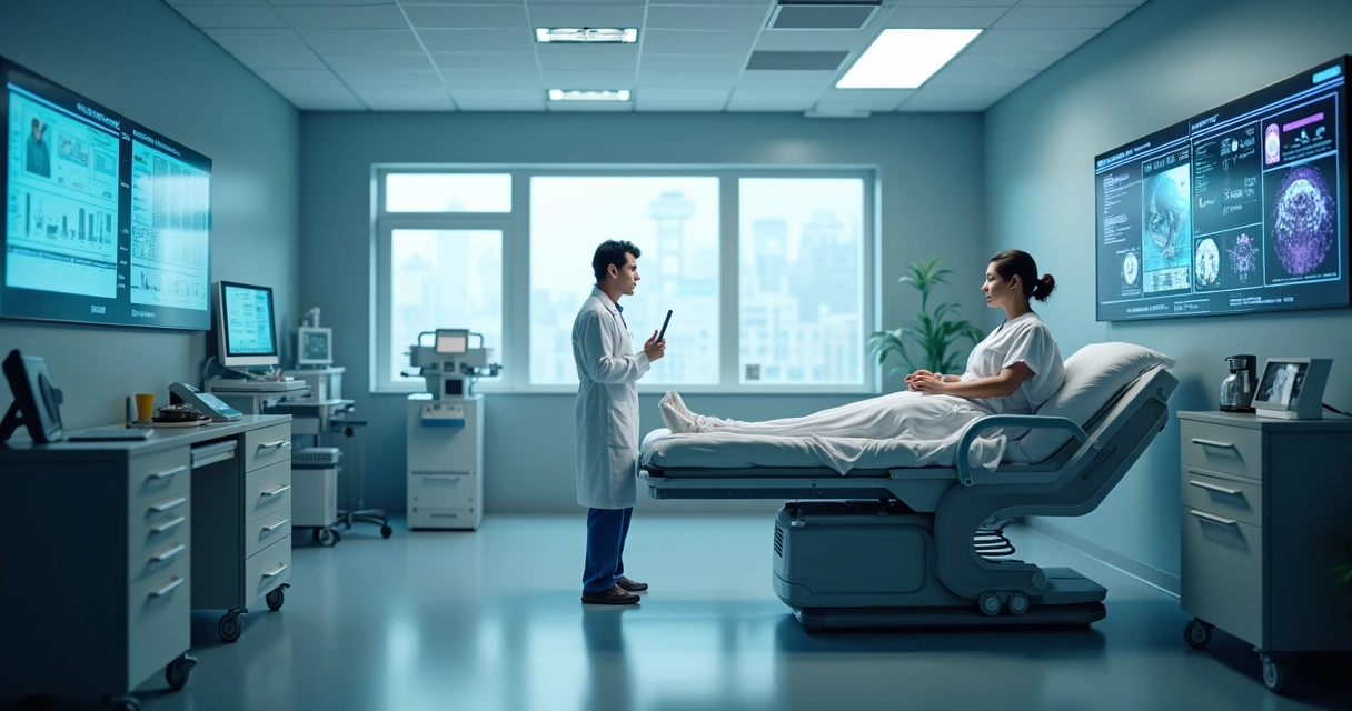 Sala de atendimento médico com telas mostrando gráficos e IA atuando em segundo plano 