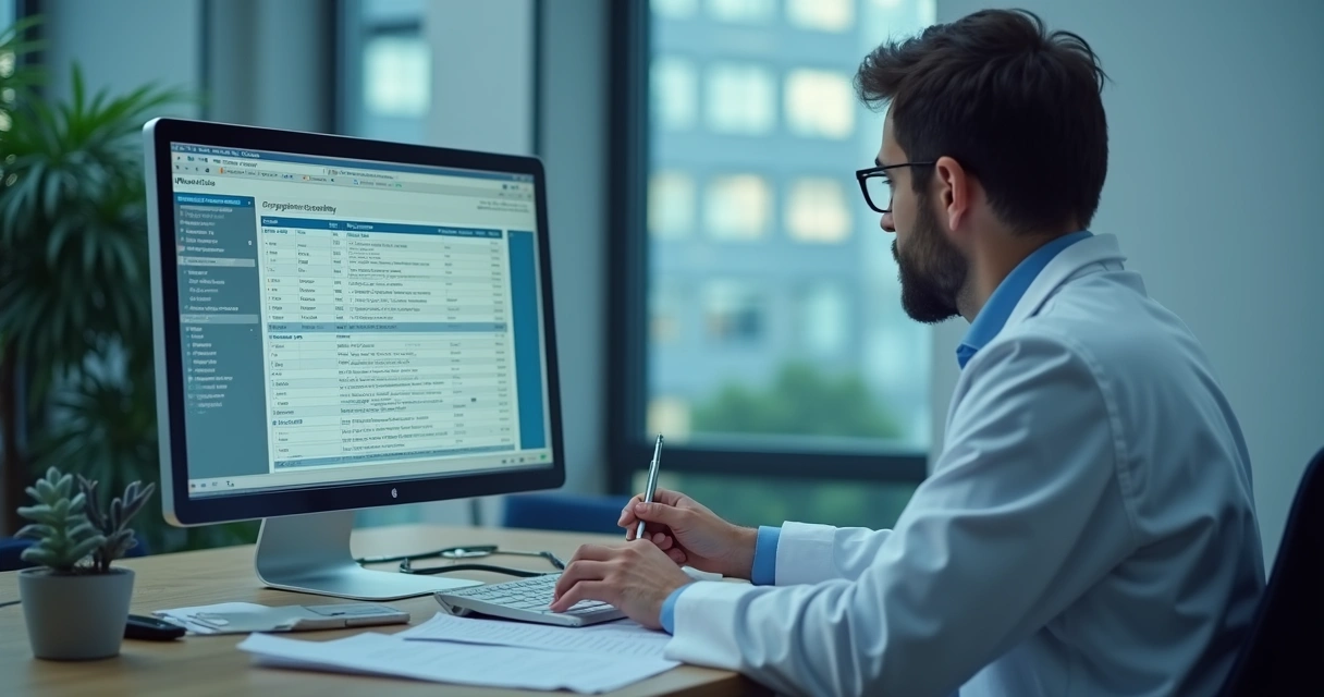 Médico sentado em consultório com documentos e tela de computador mostrando sistema de cadastro 
