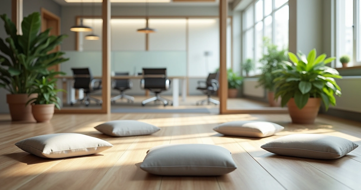 Espaço corporativo calmo preparado para sessão de meditação coletiva 