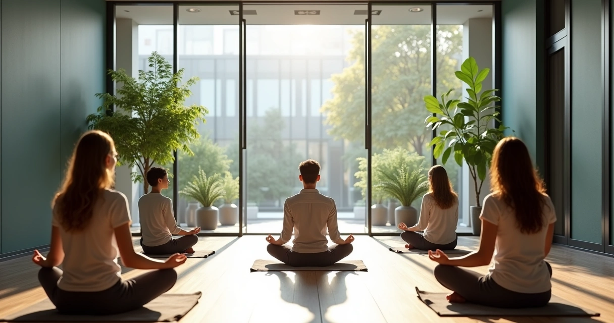 Sala de meditação em ambiente corporativo moderno. 