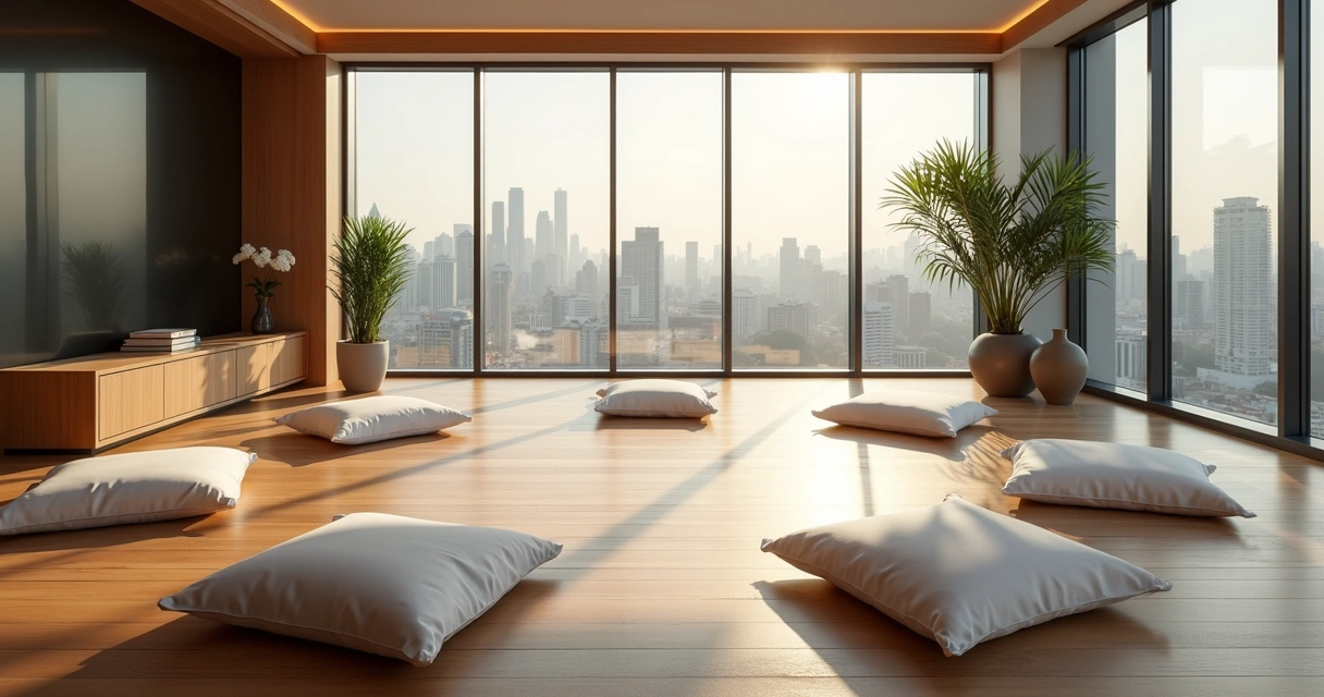Sala de meditação corporativa com almofadas e iluminação suave