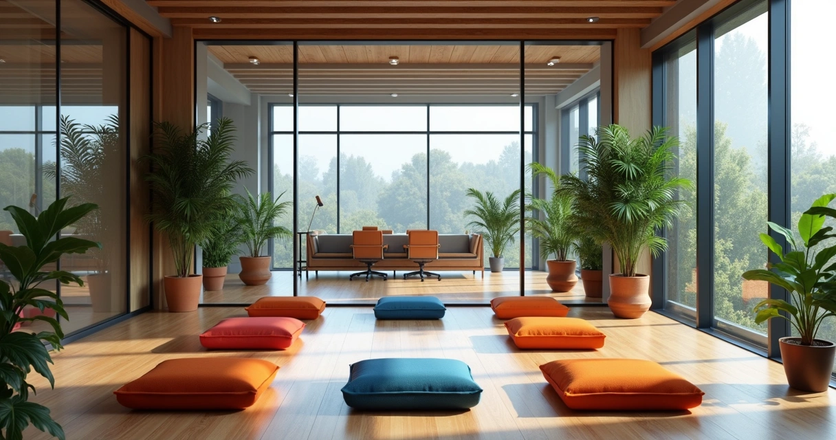 Espaço de meditação em escritório moderno, com almofadas e plantas 