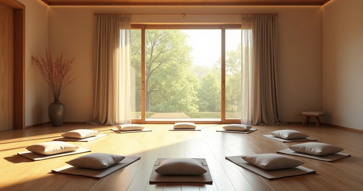 Sala de meditação com luz suave e ambiente tranquilo 