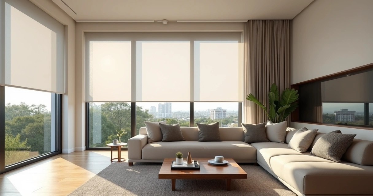 Sala de estar moderna no Mercês com persianas sob medida motorizadas 