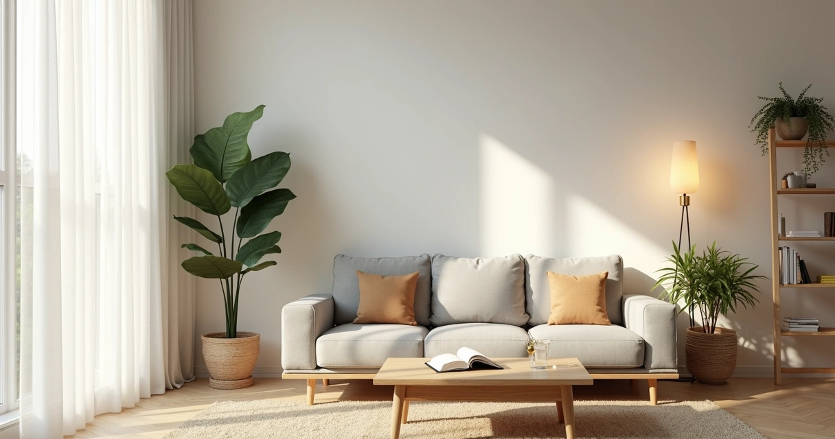 Sala de estar minimalista com luz natural transmitindo sensação de calma 