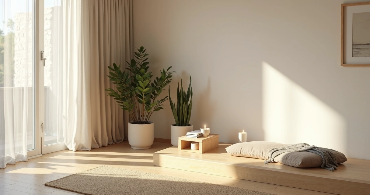Sala de estar minimalista com canto de meditação iluminado por luz natural 