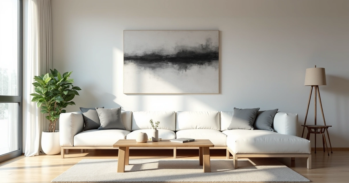 Sala minimalista com sofá branco, mesa de centro de madeira clara e poucos objetos decorativos 