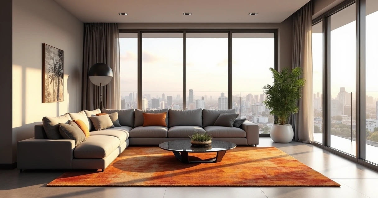 Sala de estar mobiliada com decoração moderna em apartamento em Campinas, sofá cinza, mesa de centro e iluminação natural 