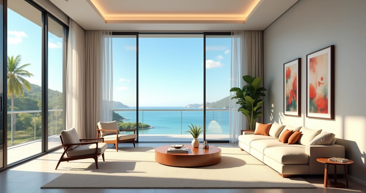 Luxuriously furnished living room with a view of the resort, high-quality furniture, and sober, modern decor