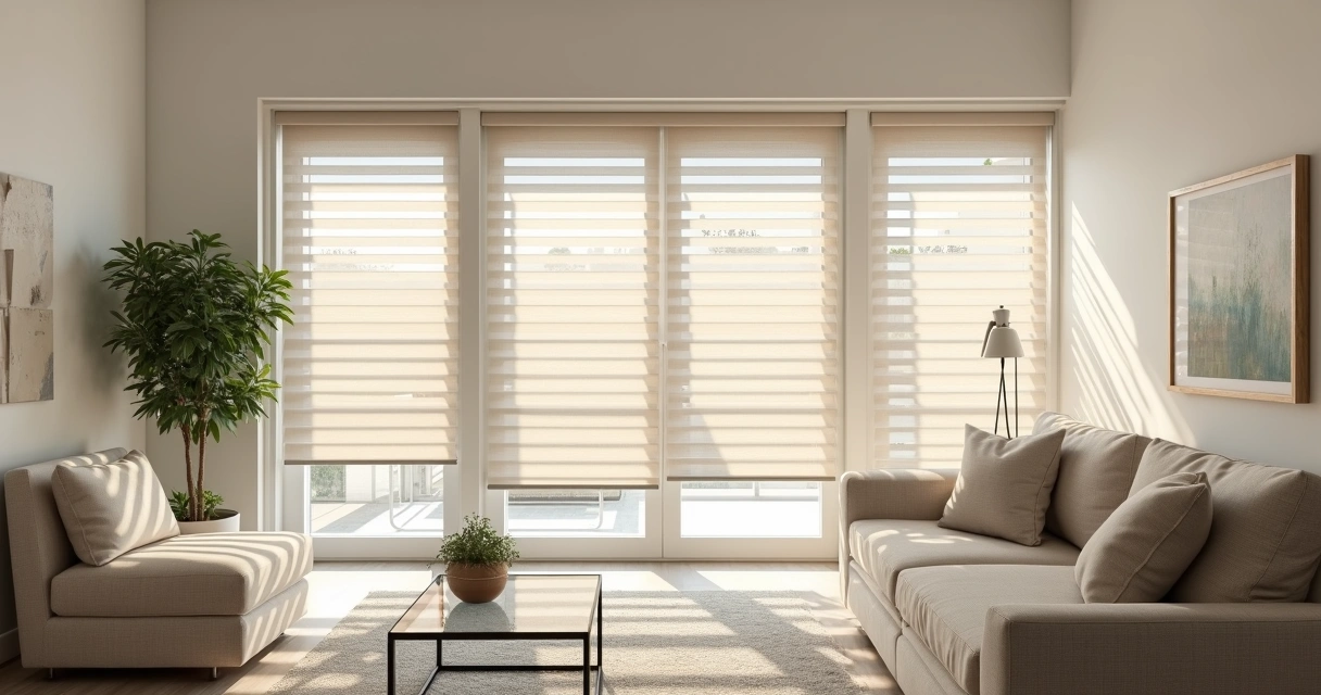 Sala moderna com cortinas double vision em tons neutros, luz natural entrando pela janela, decoração minimalista e móveis claros 