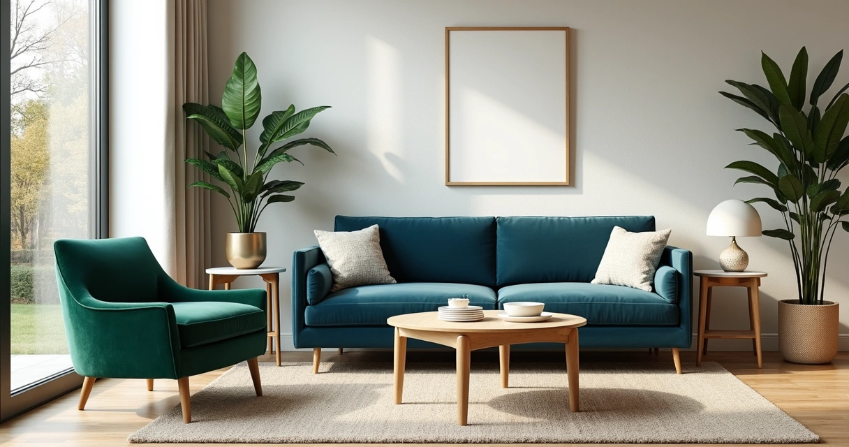 Sala de estar moderna com móveis verde e azul claro, luminosidade natural 