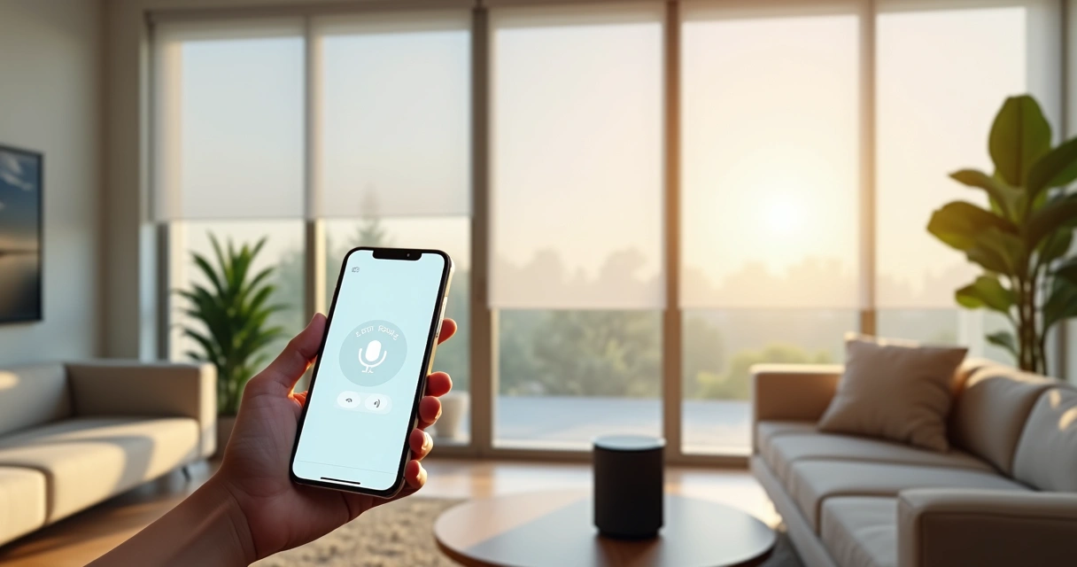 Sala moderna com persianas automáticas controladas por smartphone e assistente de voz 