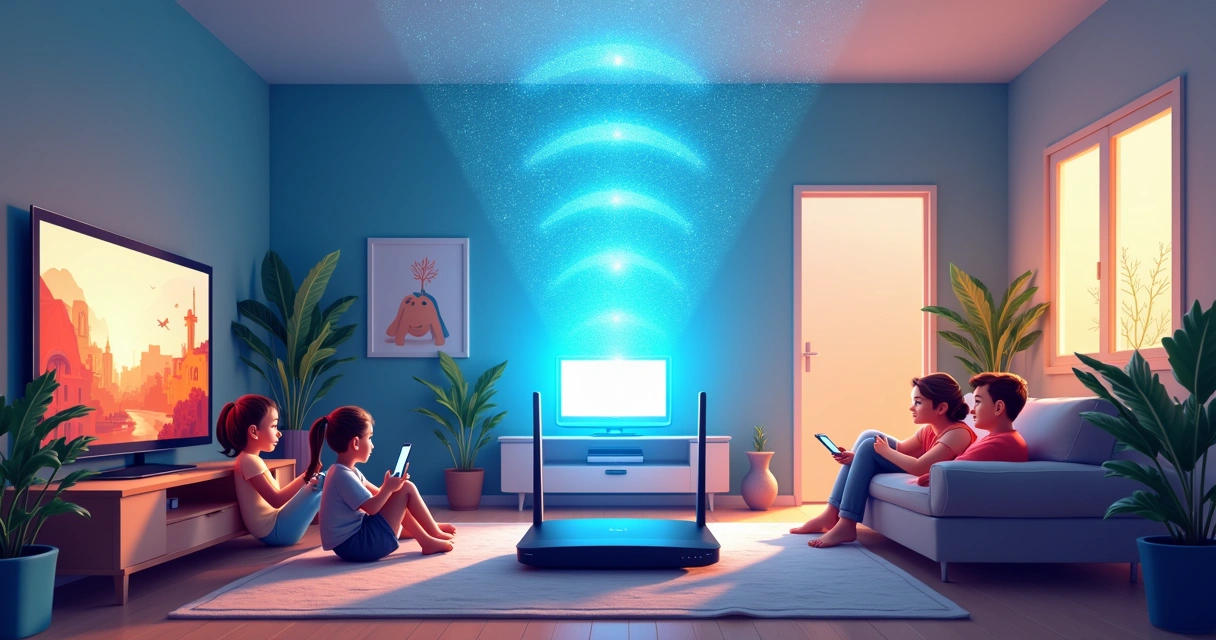 Sala moderna mostrando benefícios do Wi-Fi 6 com família assistindo TV e jogando online.