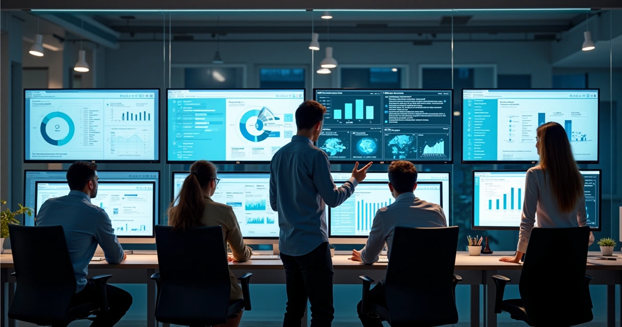 Sala de monitoramento com várias telas de análise de SEO 