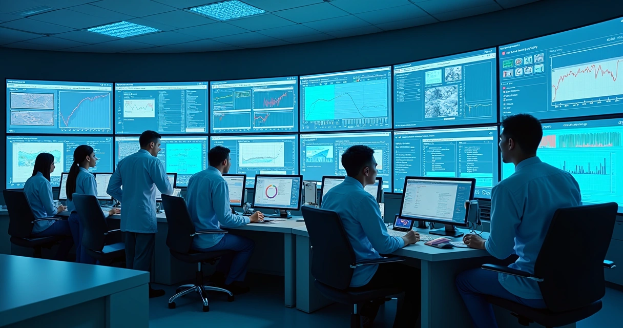 Profissionais de saúde em sala de monitoramento observando diversos monitores digitais 