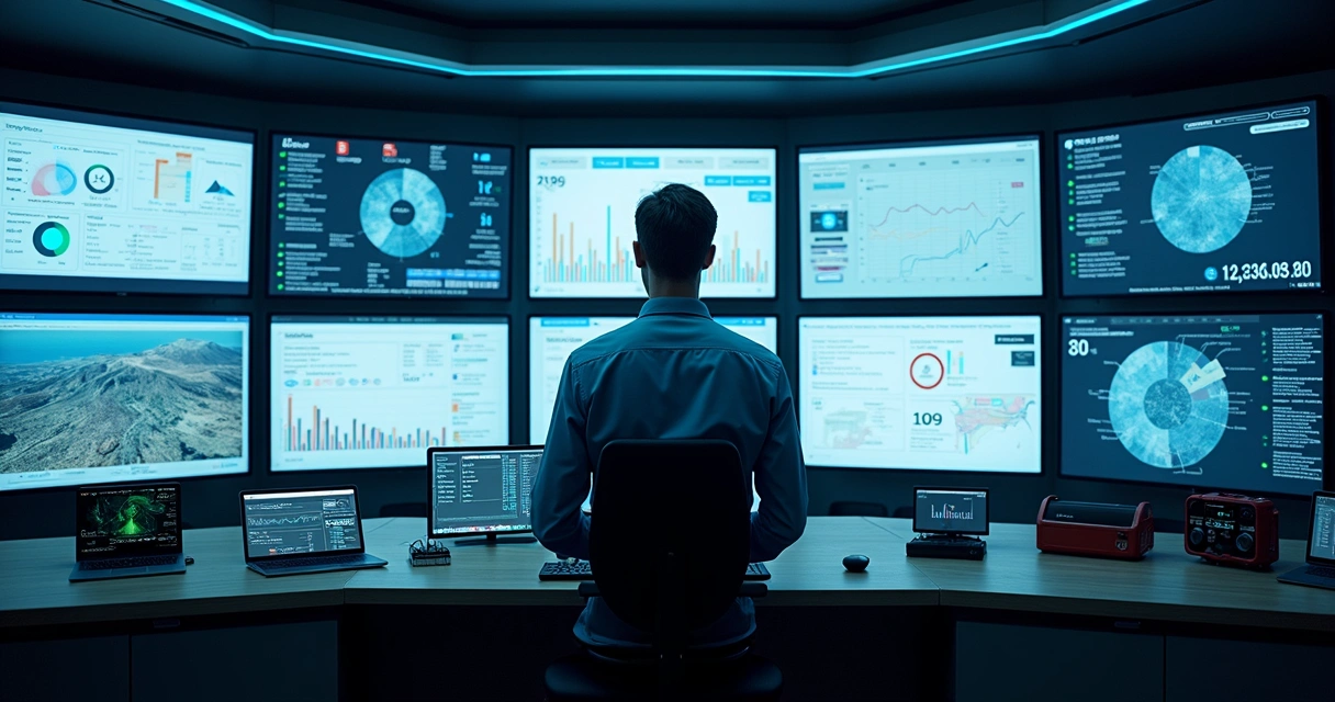 Sala de controle com telas exibindo dados de IoT em tempo real 