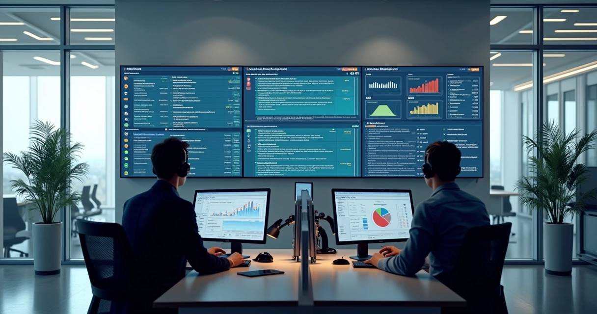 Sala de monitoramento de manutenção com telas exibindo solicitações e equipes em operação 