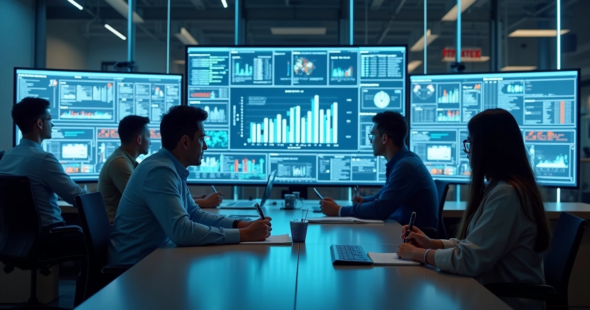 Equipe monitorando painel de operações em tempo real 