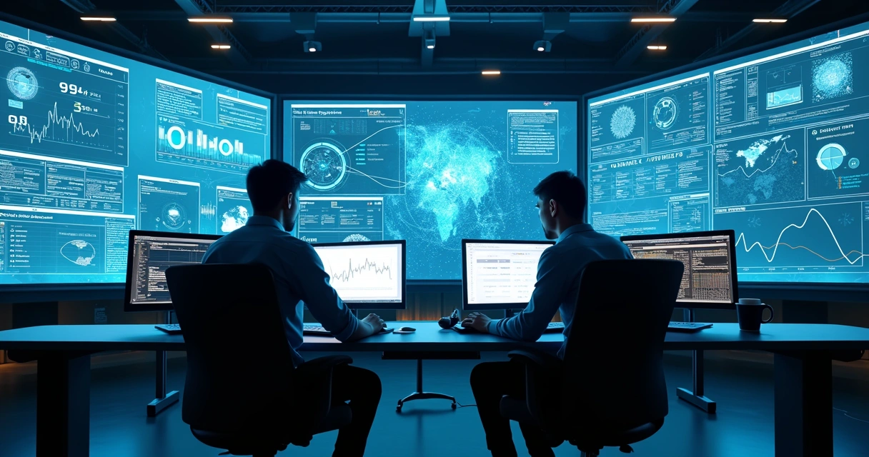 Sala de monitoramento com painéis digitais exibindo gráficos de segurança de redes