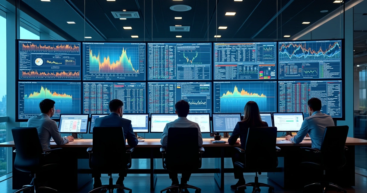 Sala de monitoramento de operações financeiras com telas e gráficos 