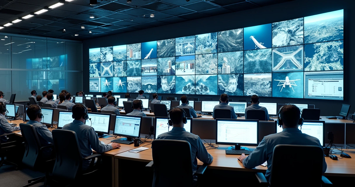 Sala de monitoramento com operadores e várias telas gigantes mostrando sistemas de segurança 