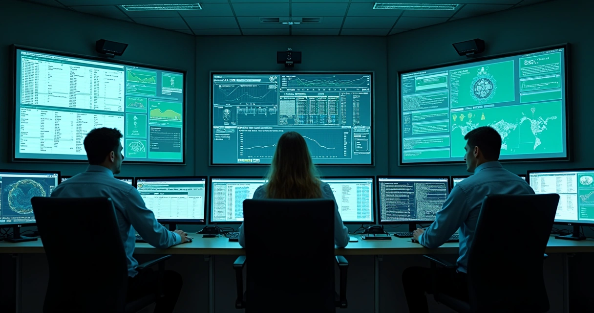 Equipe de monitoramento em sala de operações analisando telas de segurança digital 