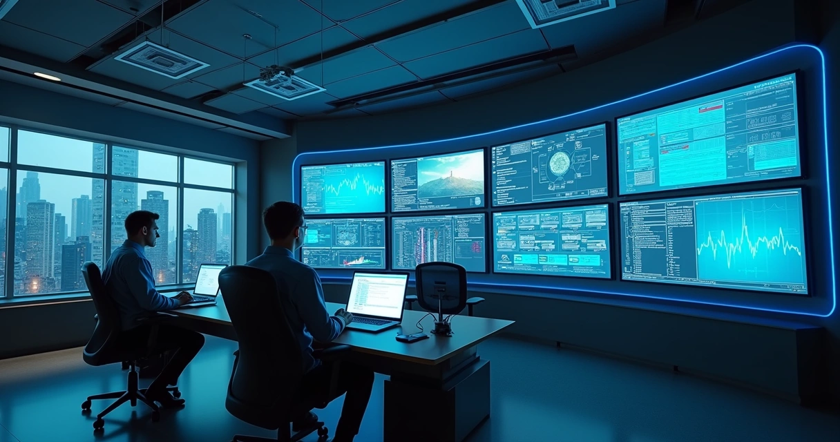 Sala de monitoramento de TI com monitores e equipe analisando dados