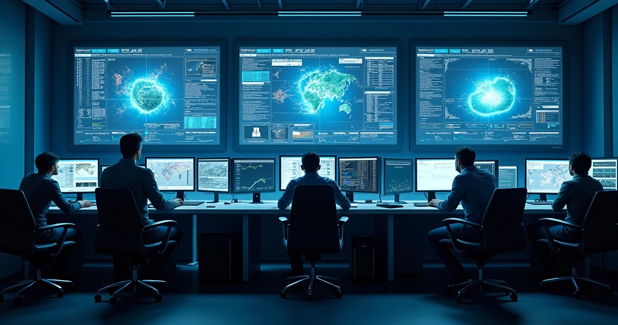 Equipe de TI monitorando dados em sala com vários monitores 