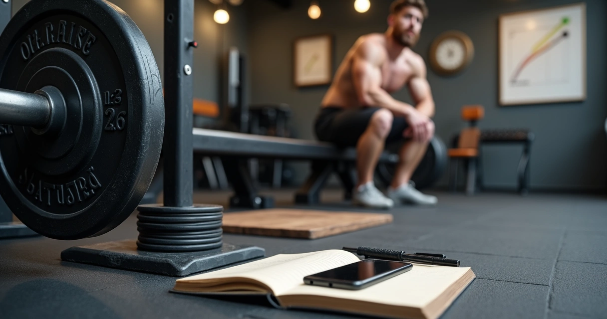 Atleta registrando carga em caderno ao lado de barra montada para agachamento 