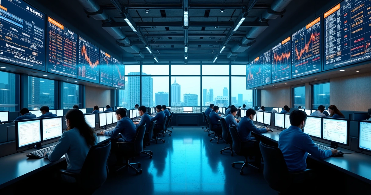 Sala de negociação com vários operadores e telas de gráficos de ações 