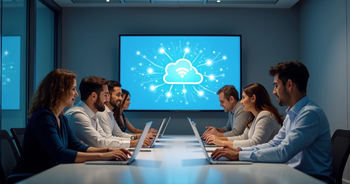 Sala de reuniões com profissionais utilizando notebooks com soluções em nuvem ELVDrive. 
