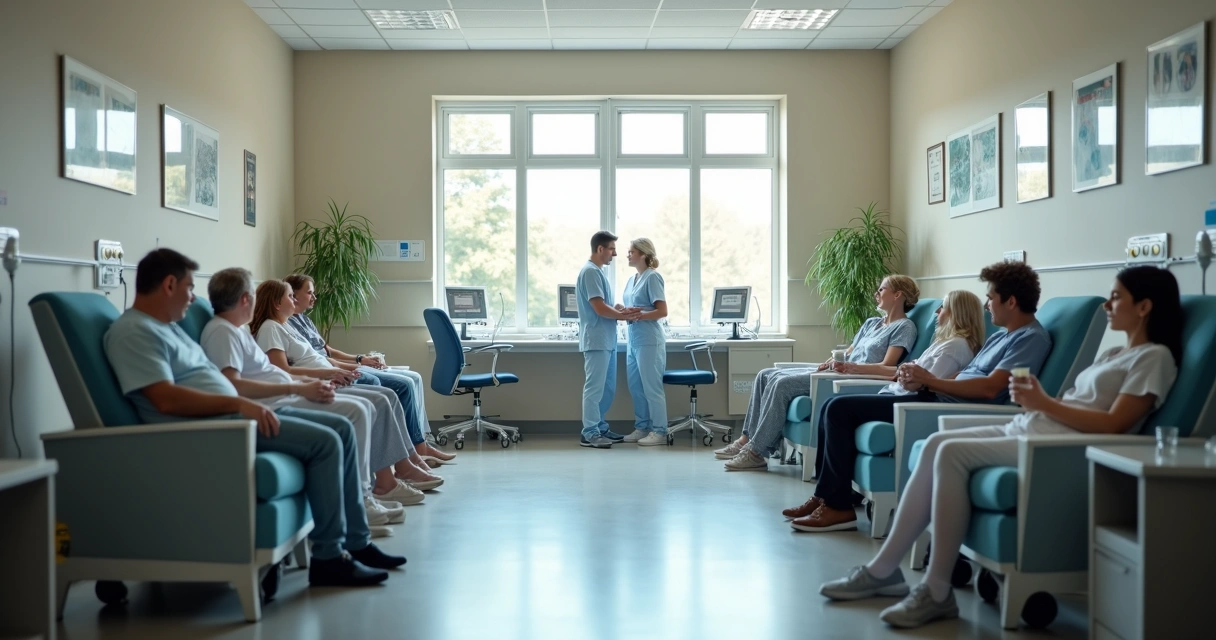 Pacientes em sala de oncologia durante tratamento 