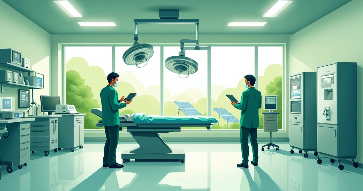 Sala de cirurgia com equipamentos de anestesia, luzes led e painel solar visível pela janela 