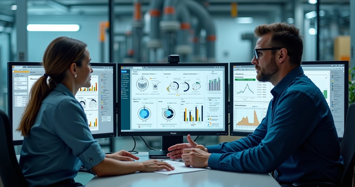 Profissionais de manutenção analisando dados em monitores no centro de operações industrial 
