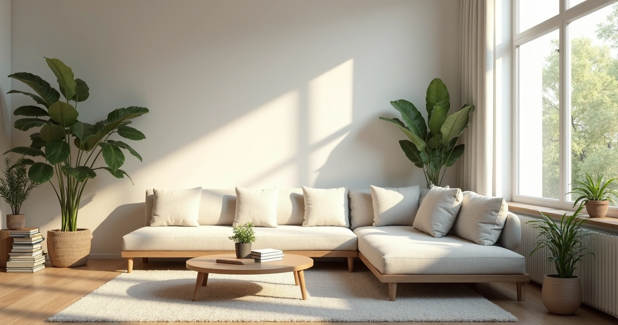 Sala organizada com móveis claros e plantas 