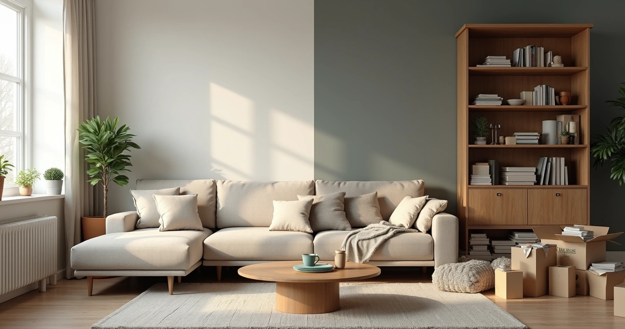 Sala dividida entre lado organizado e lado bagunçado refletindo estados emocionais distintos 