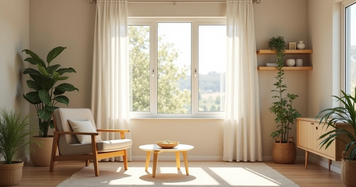 Sala organizada com luz natural e plantas 