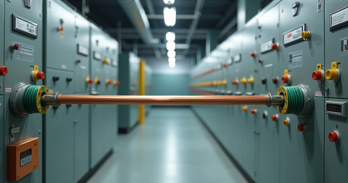 Sala de painéis industriais com barra de aterramento destacada.