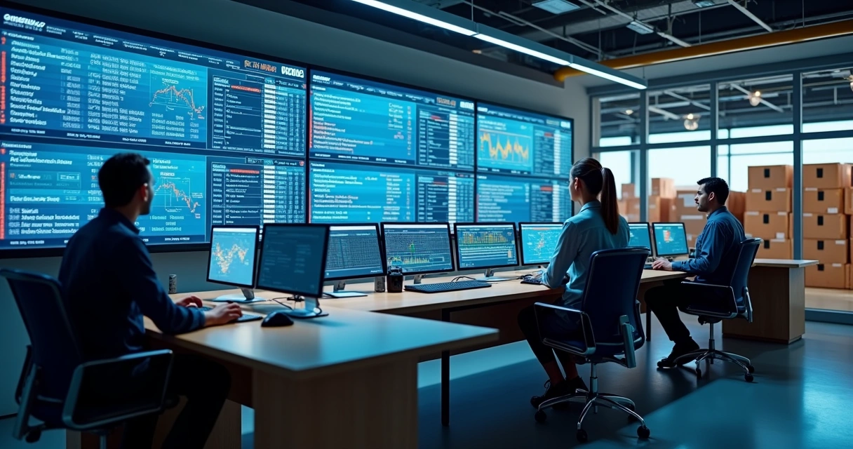 Sala de controle logístico com painel de pedidos em tempo real na parede 