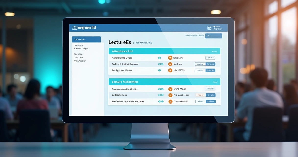 Tela de sistema digital mostrando lista de presença e certificado de palestra 