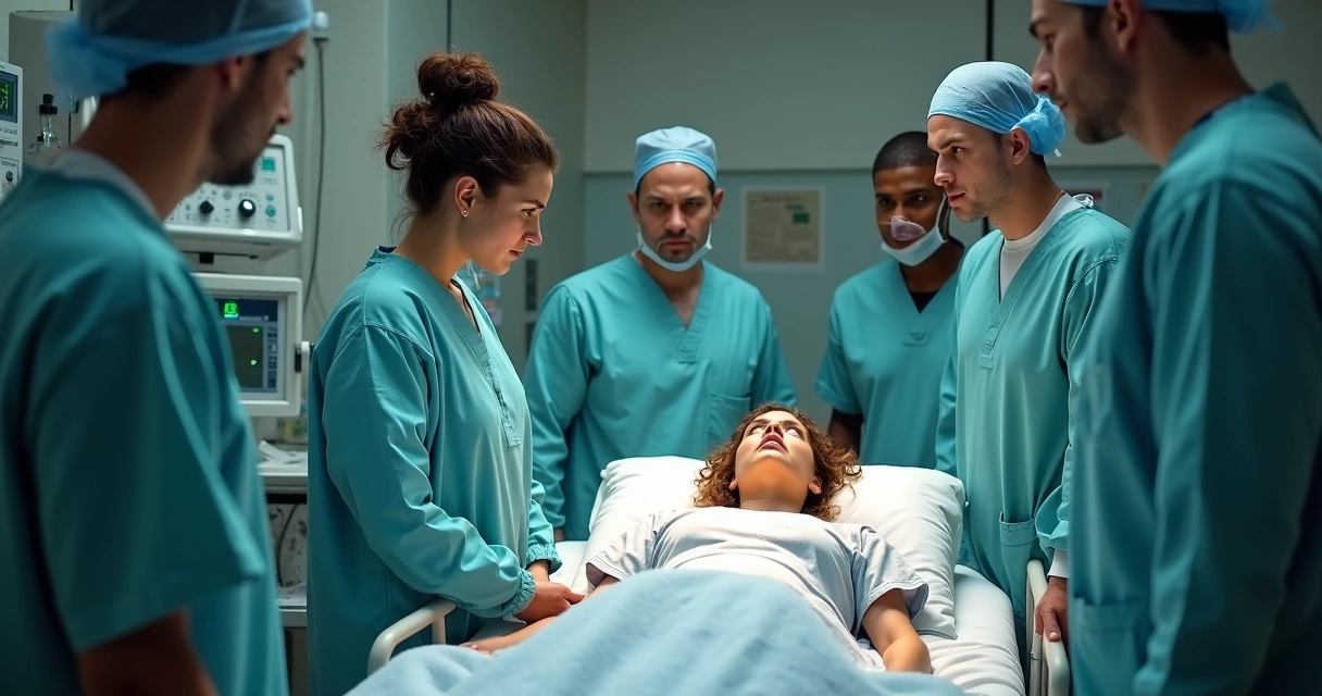 Equipe médica em sala de parto preocupada 