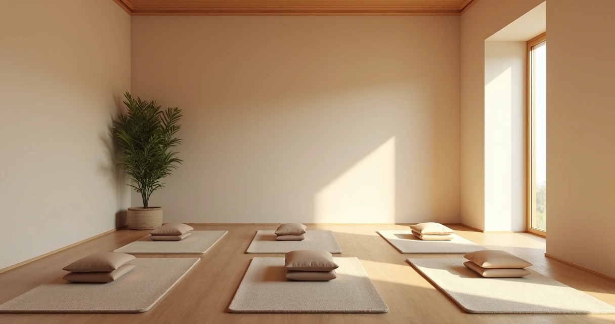 Sala pequeña y sencilla de empresa lista para meditación guiada