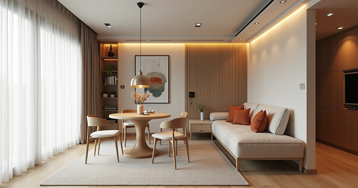 Sala pequena multifuncional com decoração moderna em tons claros e aconchegantes 