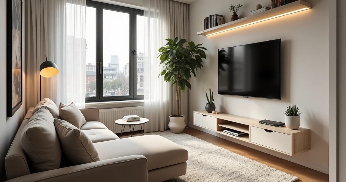 Sala compacta com tv fixada na parede e móveis de linhas retas 