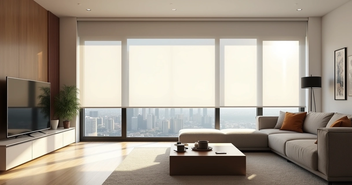 Sala de alto padrão com persiana rolo instalada em grande janela e decor minimalista 