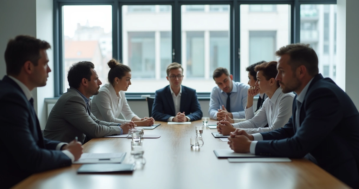 Funcionários em sala de reunião em silêncio