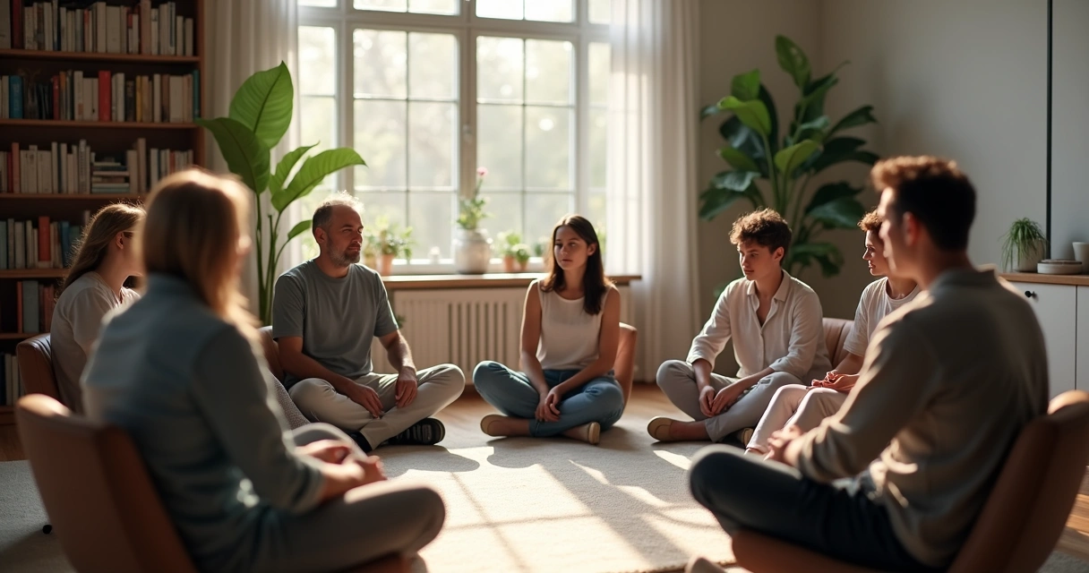 Grupo de pessoas em silêncio formando círculo em sala de convivência 