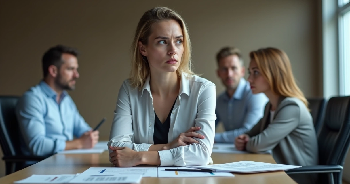 Funcionário olhando cabisbaixo em sala de reuniões corporativa